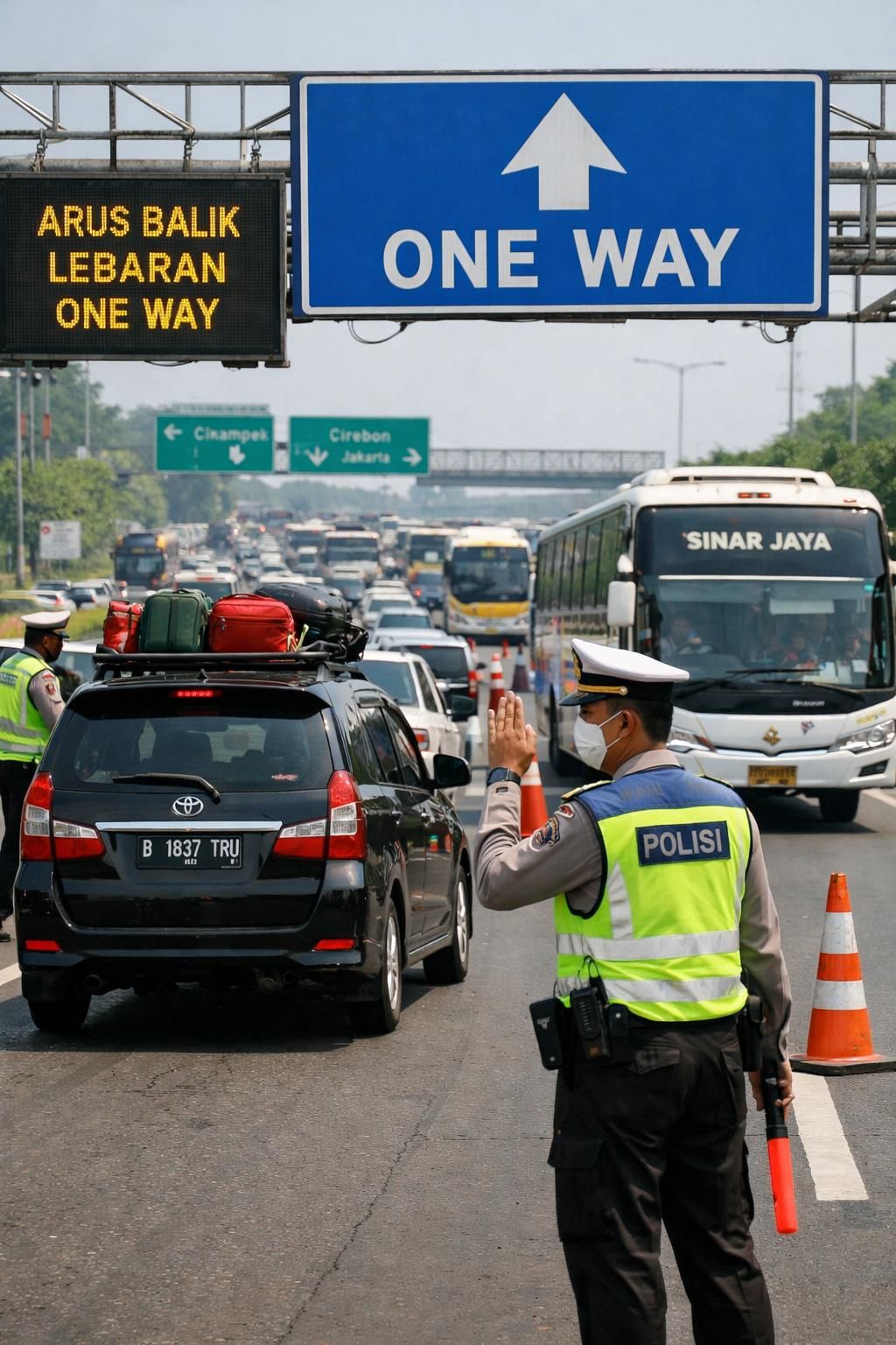 arus balik satu arah dimulai hari ini pukul 14.00. kakorlantas memberikan imbauan penting bagi pemudik untuk memastikan perjalanan aman dan lancar.
