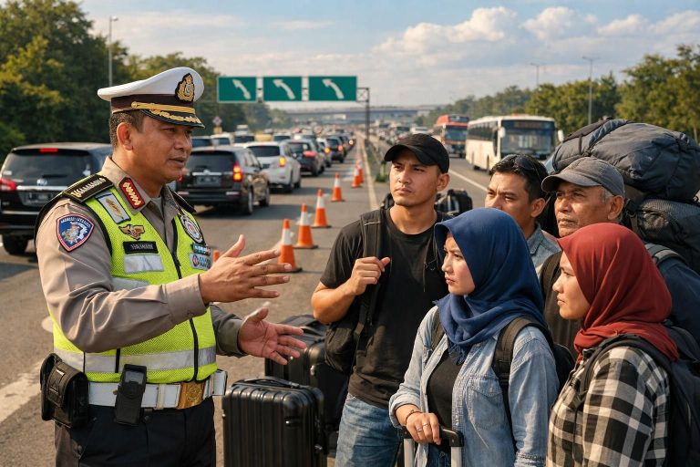 arus balik satu arah dimulai hari ini pukul 14.00. kakorlantas memberikan imbauan penting bagi para pemudik agar perjalanan aman dan lancar.