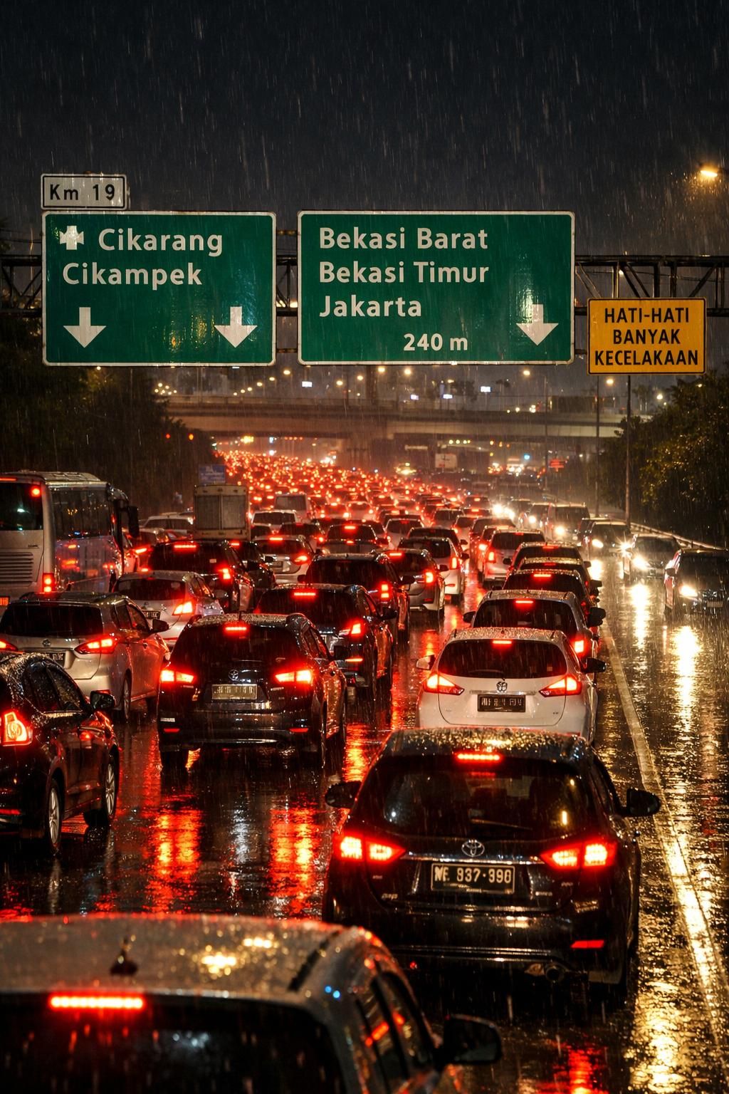 perjalanan dari bekasi ke tol cikampek memakan waktu 5 jam karena kemacetan parah. pemudik mengeluhkan kondisi lalu lintas yang sangat macet, memecahkan rekor baru kemacetan di jalan tersebut.