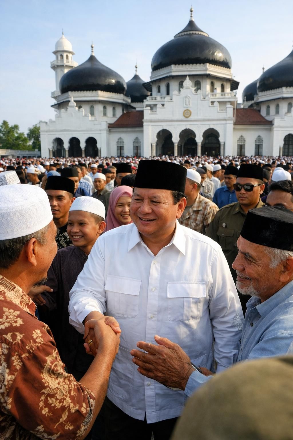 setelah melaksanakan shalat id, prabowo berbaur dengan jemaah masjid darussalam. warga sangat antusias dan berebut untuk bersalaman dengannya, menampilkan suasana hangat dan penuh kebersamaan.