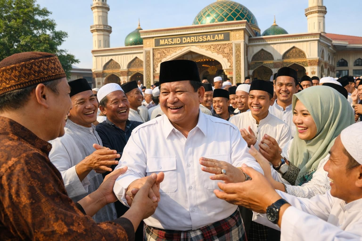 setelah shalat id, prabowo berbaur dengan jemaah masjid darussalam, warga antusias berebut bersalaman dan menunjukkan dukungan hangat.