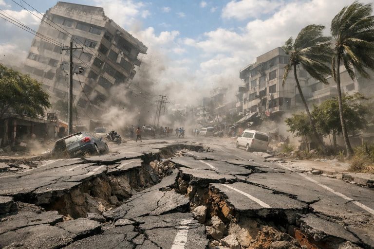 gempa dahsyat berkekuatan magnitudo 7,6 mengguncang sulawesi utara dan maluku utara, menyebabkan aspal di jalanan ikut bergoyang dan memicu kepanikan di masyarakat.