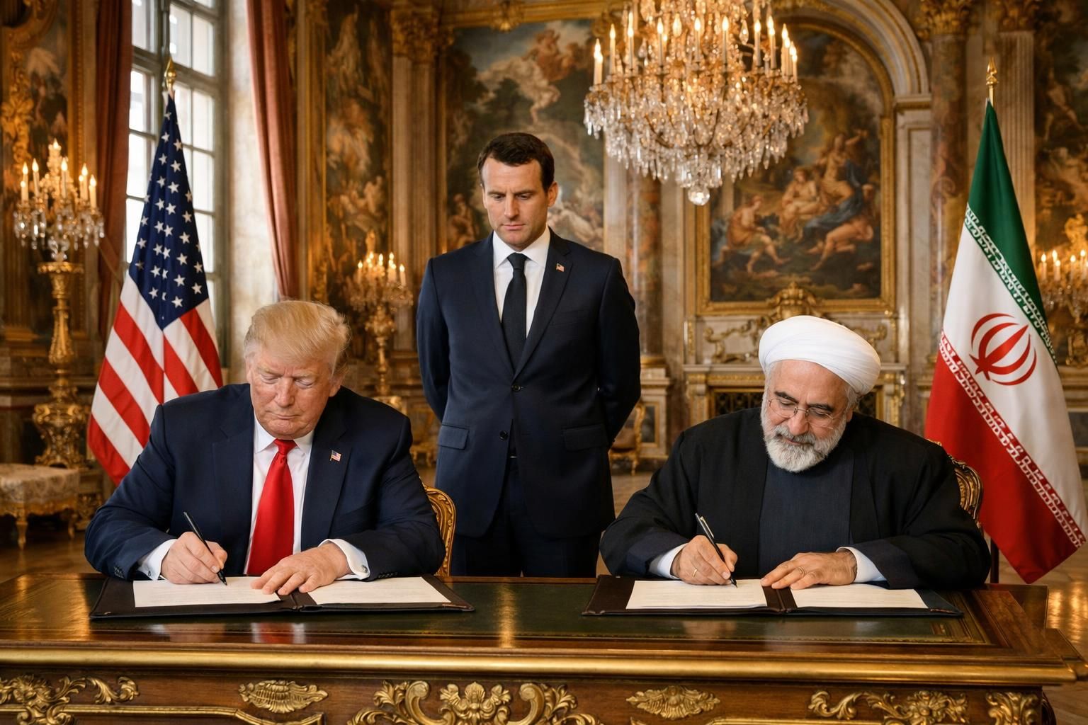 saksikan momen bersejarah saat trump menandatangani nota kesepahaman perdamaian dengan iran di hadapan macron di istana versailles, menandai langkah baru dalam hubungan internasional.