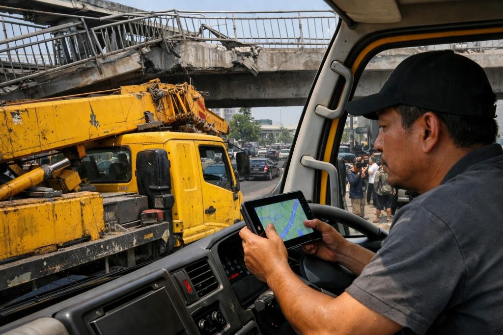 sopir truk pengangkut crane yang menabrak jpo tendean mengaku terdistraksi karena fokus pada peta navigasi, menyebabkan kecelakaan lalu lintas.