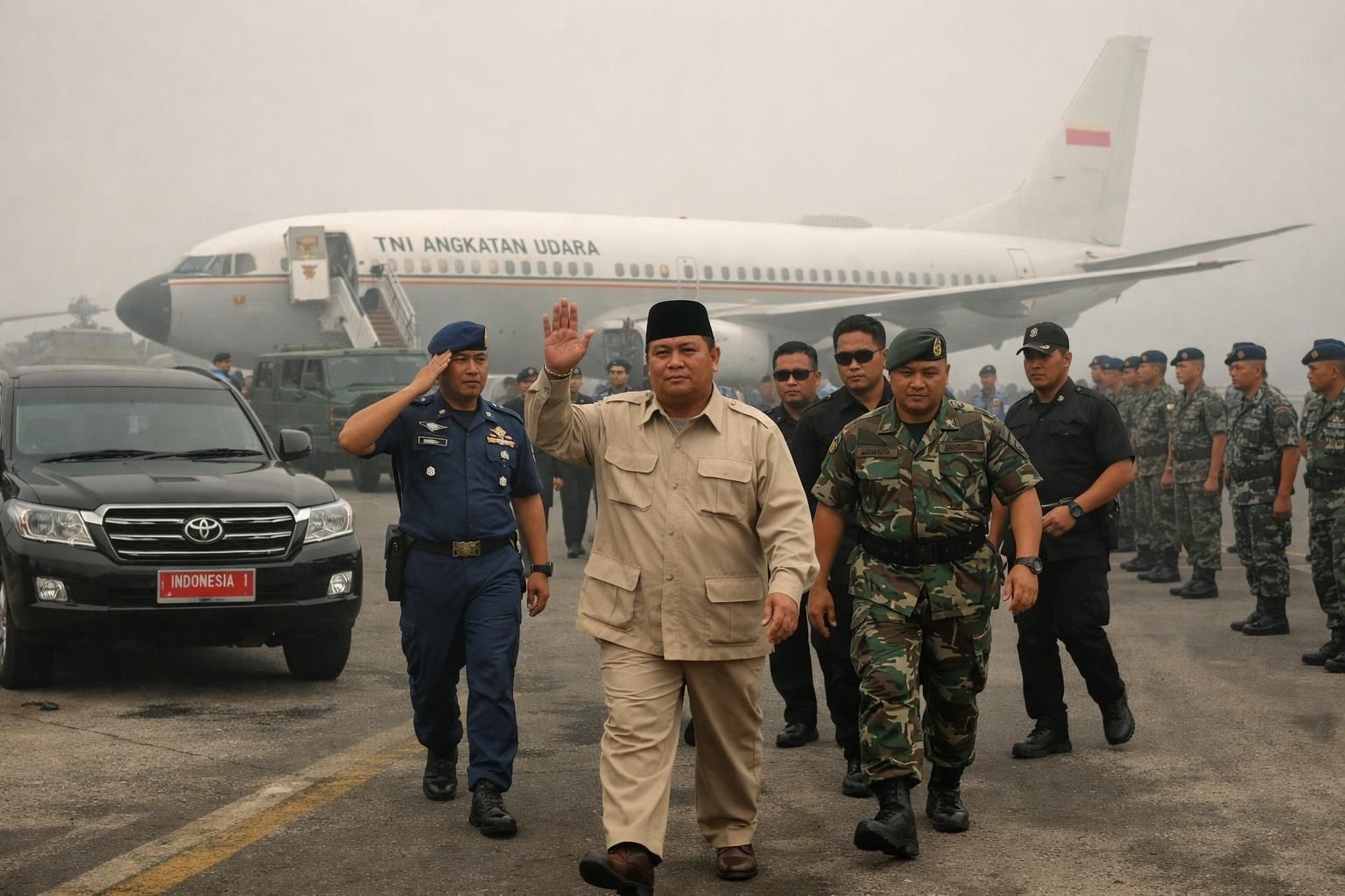 kedatangan prabowo di pekanbaru disambut dengan kabut asap tebal yang disebabkan oleh kebakaran hutan dan lahan (karhutla), menimbulkan kekhawatiran akan dampak kesehatan dan lingkungan.