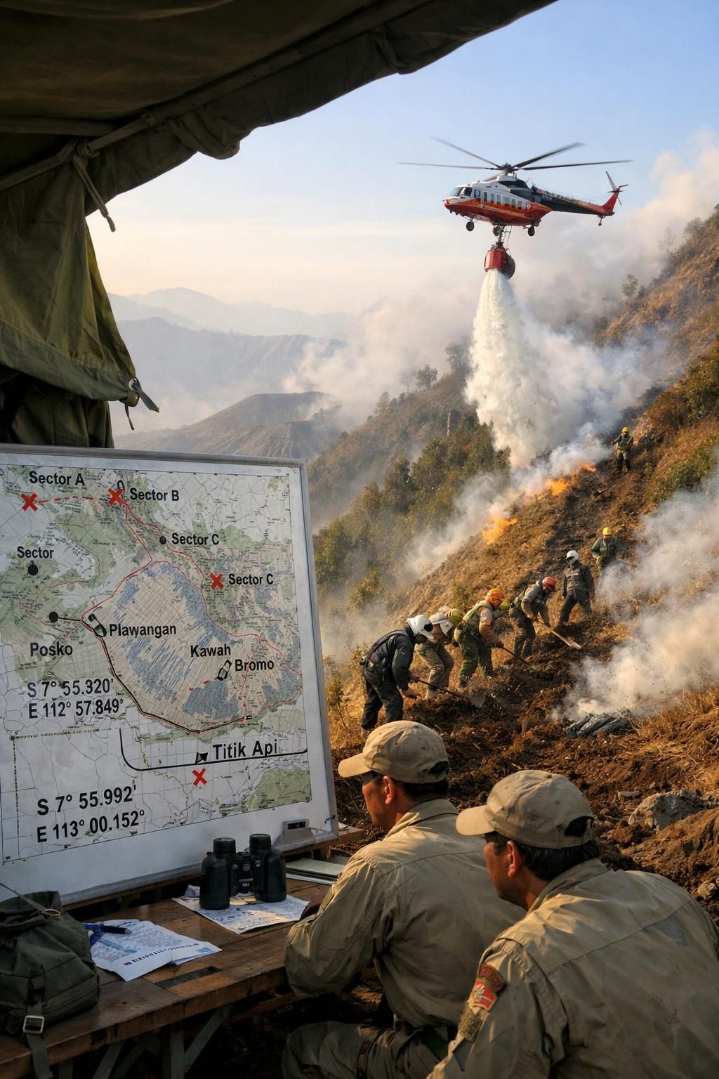 menteri kehutanan memantau taktik pemadaman kebakaran di bromo dengan optimalisasi teknik water bombing untuk memastikan efektivitas maksimal dalam mengendalikan api.