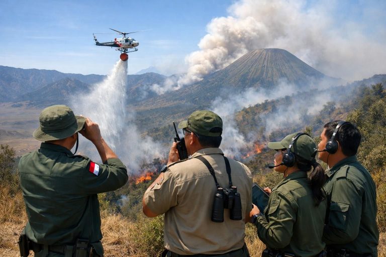 menteri kehutanan memantau taktik pemadaman kebakaran di bromo dengan mengoptimalkan water bombing untuk mencapai efektivitas maksimal dalam penanganan kebakaran hutan.
