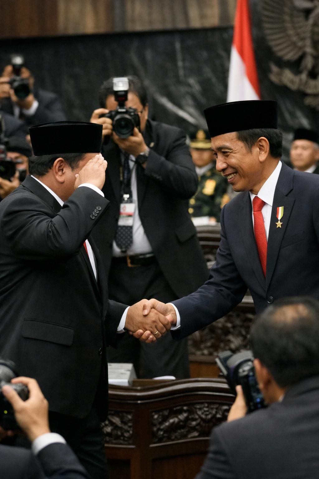 setelah berpidato, prabowo memberikan hormat dan salam hangat kepada jokowi sebagai tanda penghormatan dan kerjasama.