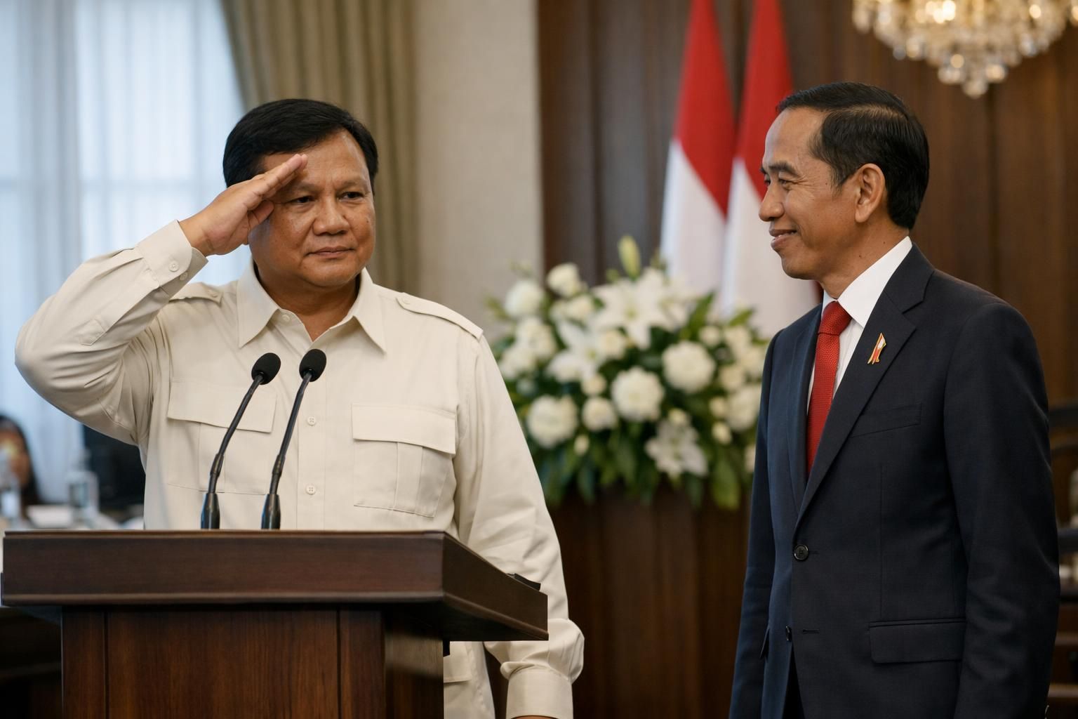 setelah berpidato, prabowo memberikan hormat dan salam kepada jokowi sebagai tanda penghormatan dan kerjasama yang baik antara keduanya.